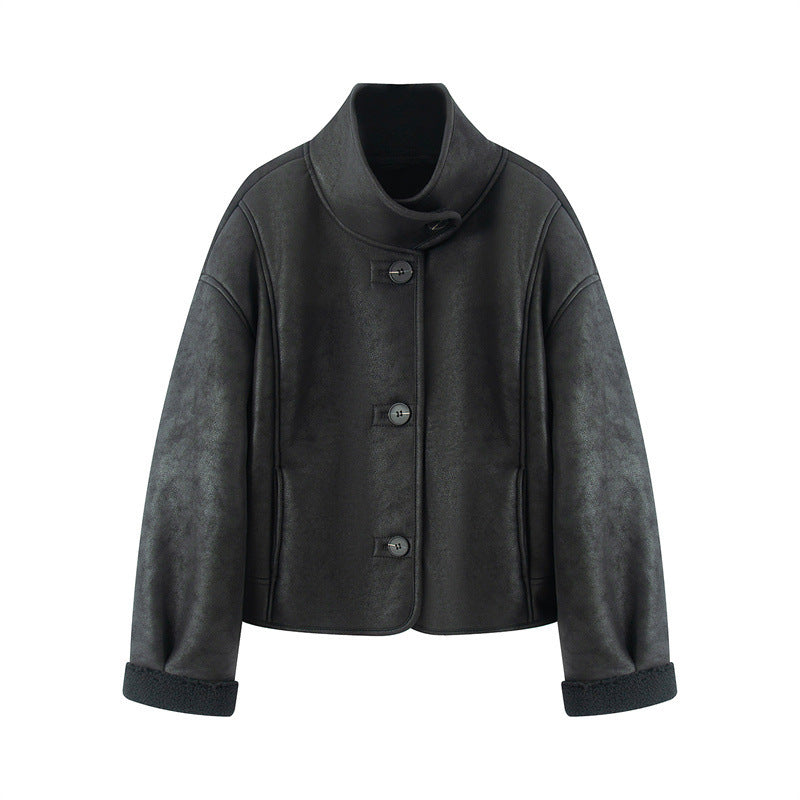 Damen kurze Lammfelloptik-Jacke mit hohem Stehkragen und geknöpfter Front – Célinea