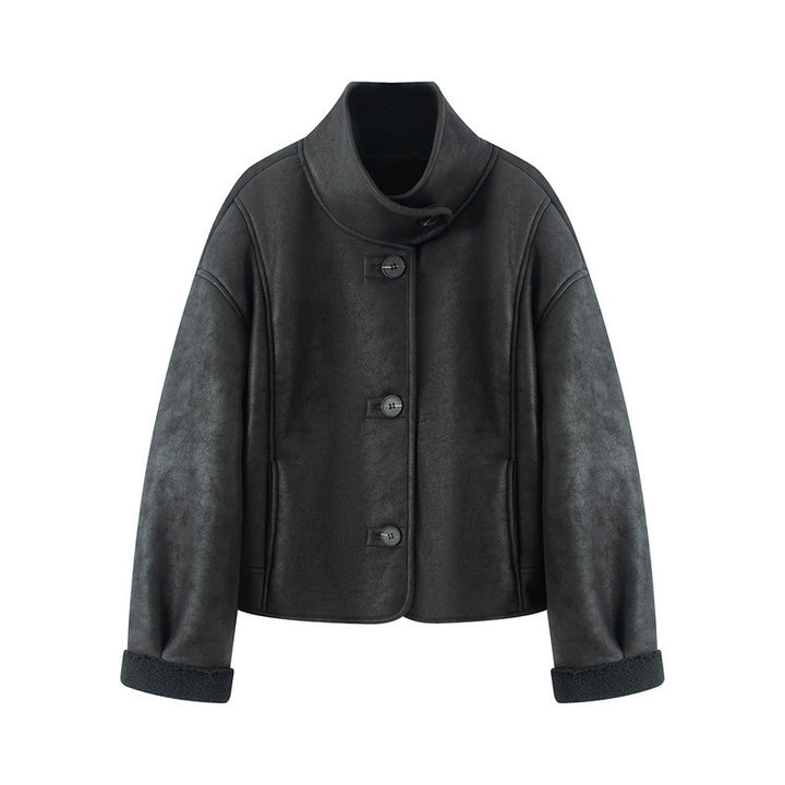 Damen kurze Lammfelloptik-Jacke mit hohem Stehkragen und geknöpfter Front – Célinea