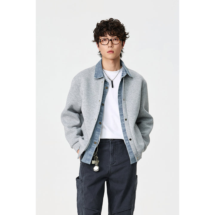 Unisex Lagenlook-Boxy Blouson mit integriertem Denim-Kragen und Druckknopfleiste Echoarchiv