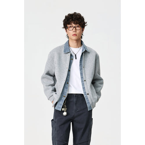 Unisex Lagenlook-Boxy Blouson mit integriertem Denim-Kragen und Druckknopfleiste Echoarchiv