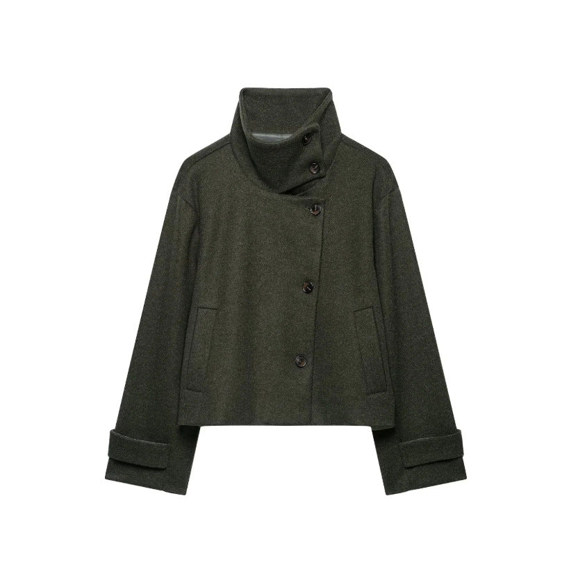 Damen Cropped Wollmix-Kurzjacke mit hohem Stehkragen, asymmetrischer Knopfleiste und Krempelmanschetten Echoarchiv