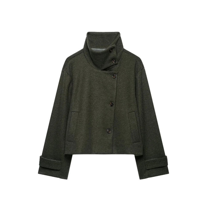 Damen Cropped Wollmix-Kurzjacke mit hohem Stehkragen, asymmetrischer Knopfleiste und Krempelmanschetten Echoarchiv