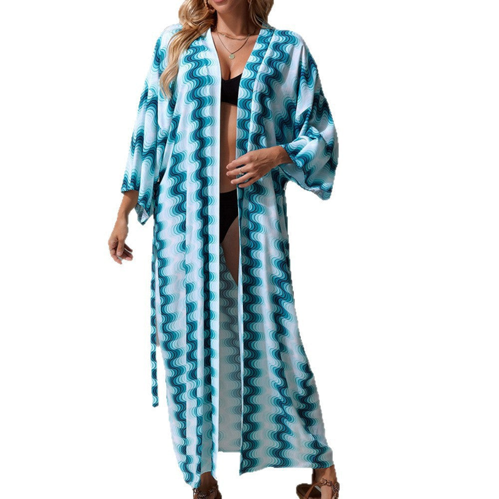 Damen Langer Strandkaftan mit V-Ausschnitt, Taillen-Bindegürtel & hohem Beinschlitz Echoarchiv