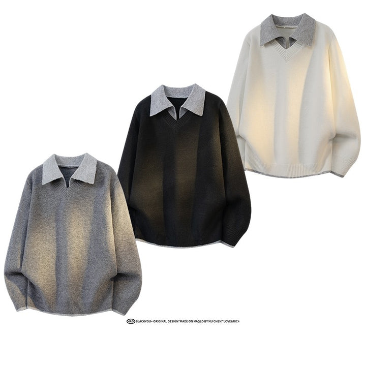 Unisex Oversize Strickpullover mit Kontrastpolokragen und V-Ausschnitt Echoarchiv