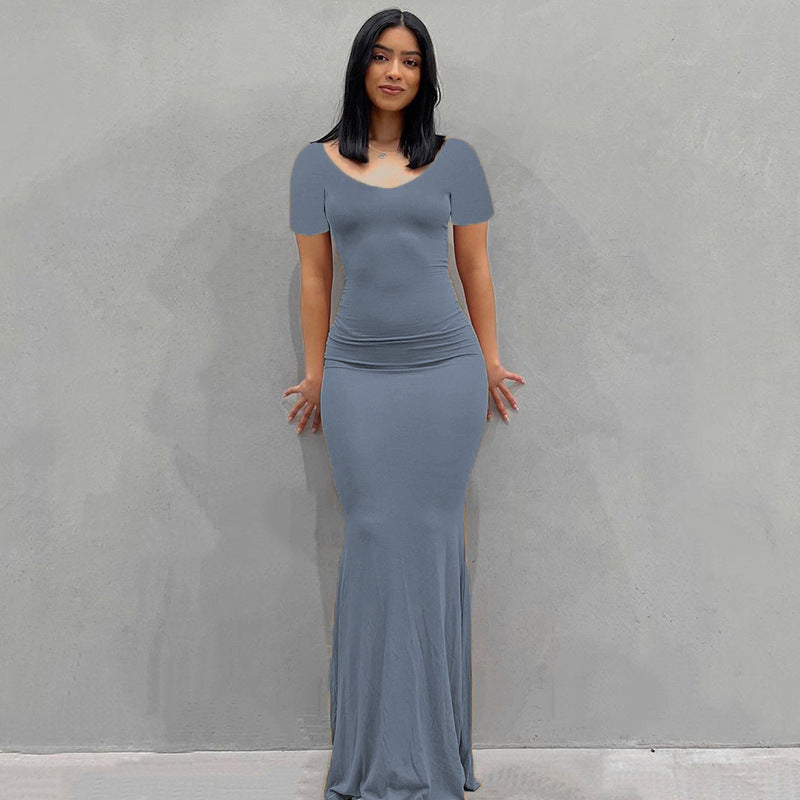 Damen Körperbetontes Maxi‑Jerseykleid mit taillierter Drapierung, langen Ärmeln und ausgestelltem Saum – Valéora