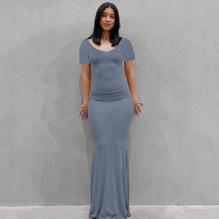 Damen Körperbetontes Maxi‑Jerseykleid mit taillierter Drapierung, langen Ärmeln und ausgestelltem Saum – Valéora
