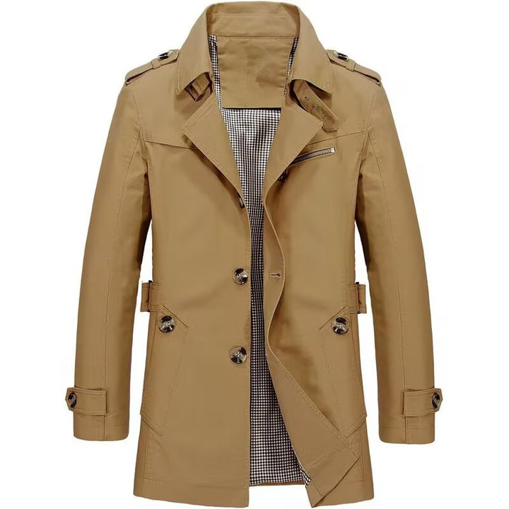 Herren Doppelreihiger Trenchcoat mit Epauletten und karierter Innenseite Echoarchiv