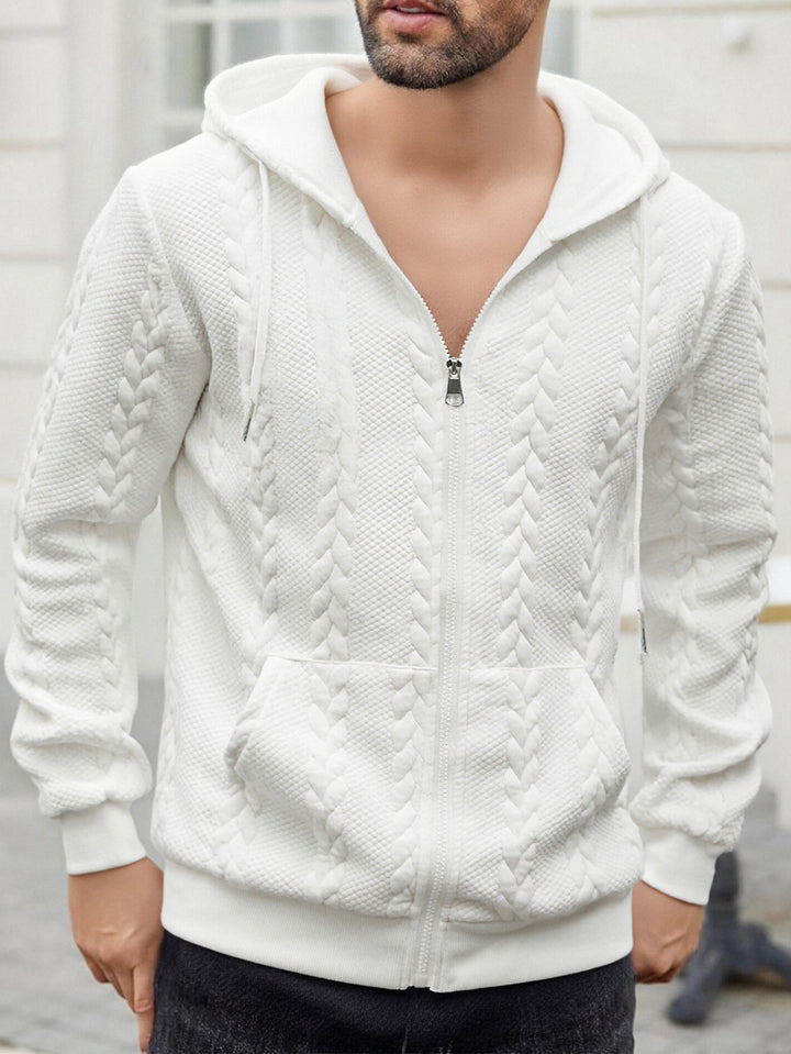 Herren strukturierte Kapuzen-Sweatjacke mit Zopfmuster, durchgehendem Reißverschluss und Kängurutasche – Cavarno