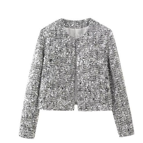 Damen nan gefütterte Bouclé-Kurzjacke mit Paillettenbesatz, Rundhalsausschnitt und offener Front Echo Archiv