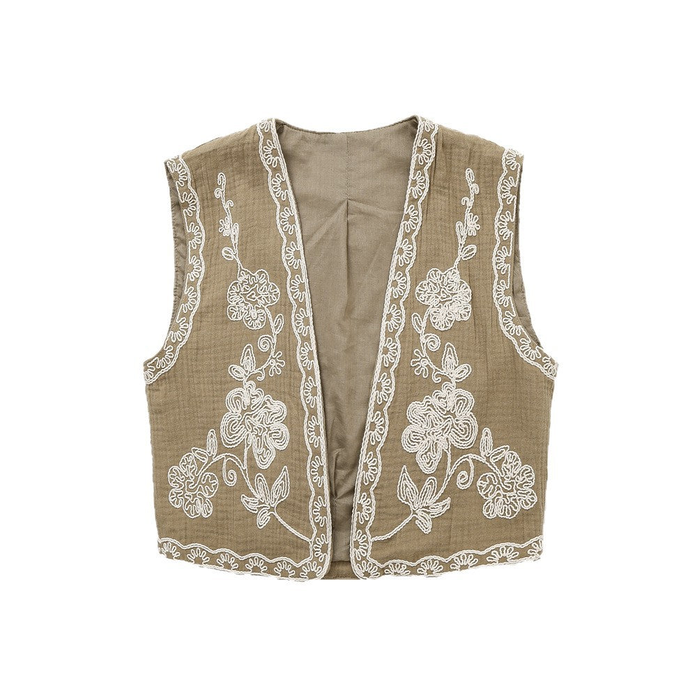 Damen Ärmellose Leinenweste mit floraler Reliefstickerei und offener Front Echoarchiv