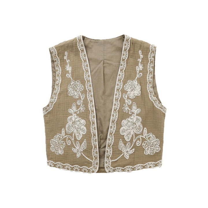 Damen Ärmellose Leinenweste mit floraler Reliefstickerei und offener Front Echoarchiv
