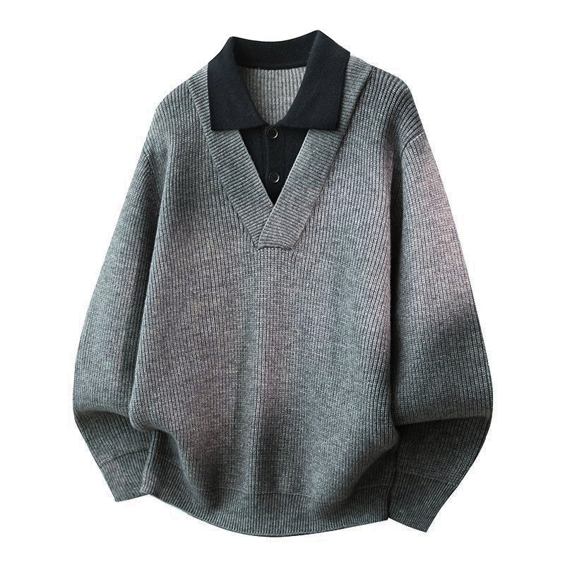 Damen Modischer Grobstrickpullover mit V-Ausschnitt und Kragen Echoarchiv