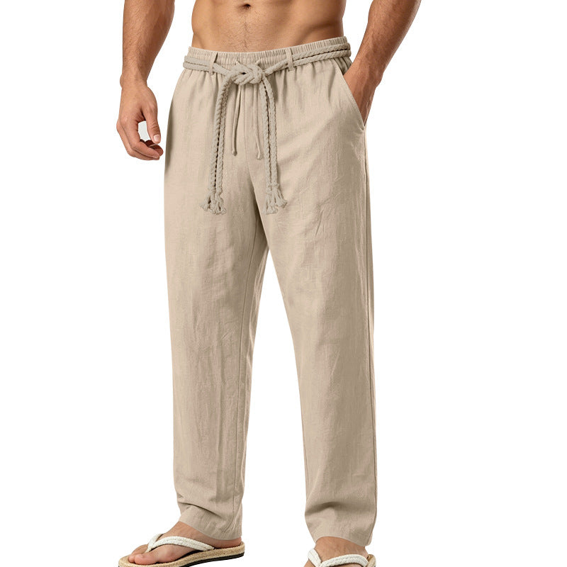 Herren lässige Leinen-Loungehose mit elastischem Bund, dekorativem Seilgürtel und Seitentaschen Echoarchiv