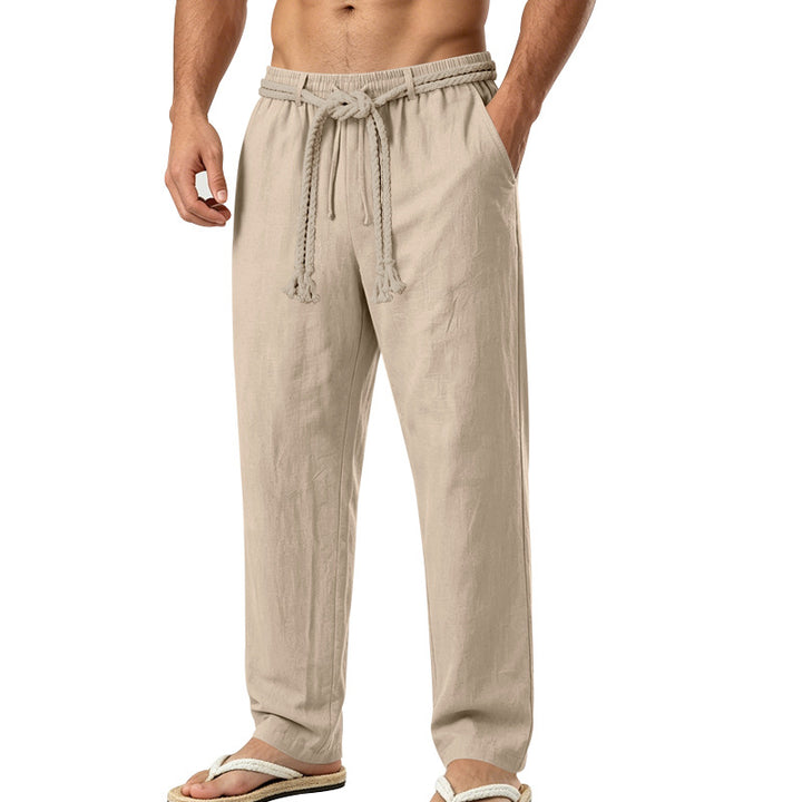 Herren lässige Leinen-Loungehose mit elastischem Bund, dekorativem Seilgürtel und Seitentaschen Echoarchiv