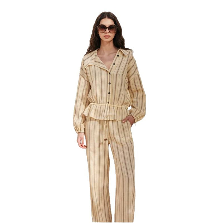 Damen Gestreiftes Zweiteiliges Loungewear-Set mit Oversize-Hemdjacke und Tunnelzug-Hose Echoarchiv