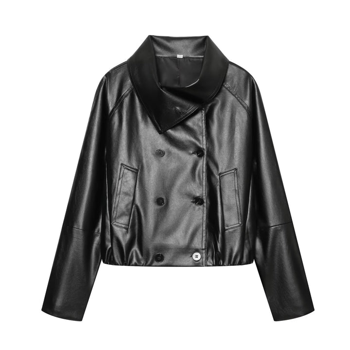 Damen Cropped Kunstlederjacke mit weitem Funnelkragen und doppelreihiger Knopfleiste Echoarchiv