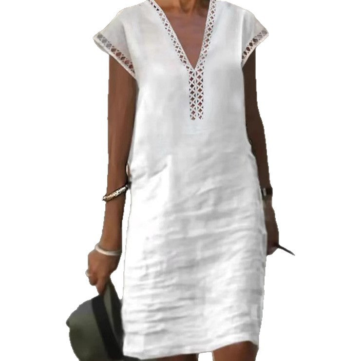 Damen nan leichtes Leinen-Kaftankleid mit V-Ausschnitt und Ajourbesatz Echo Archiv