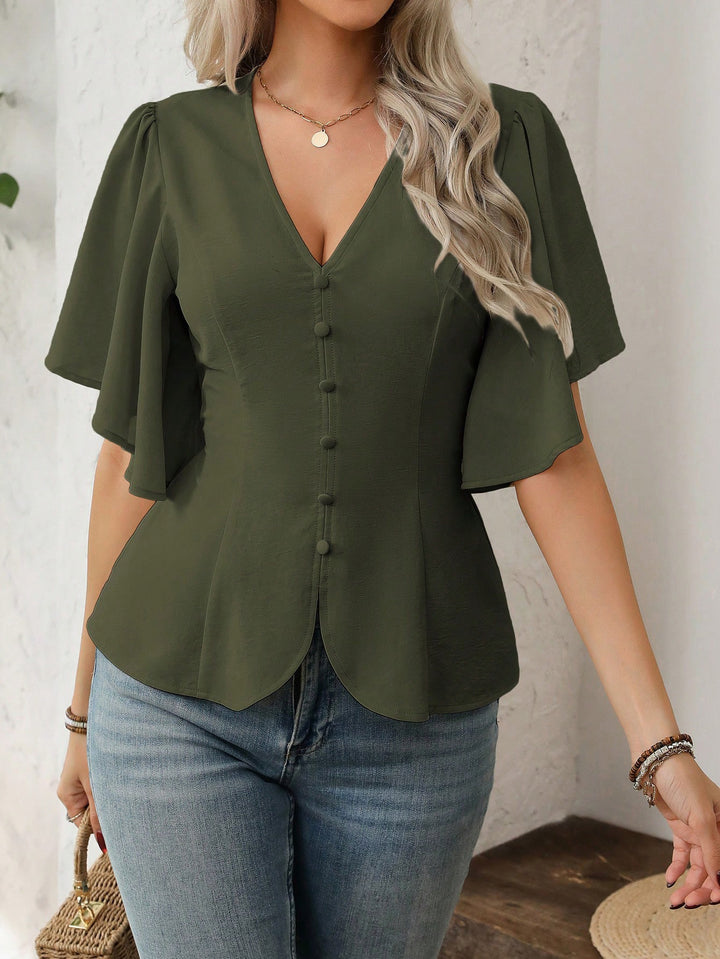 Damen V-Ausschnitt taillierte Bluse mit Schößchen und Volantärmeln – Élovi