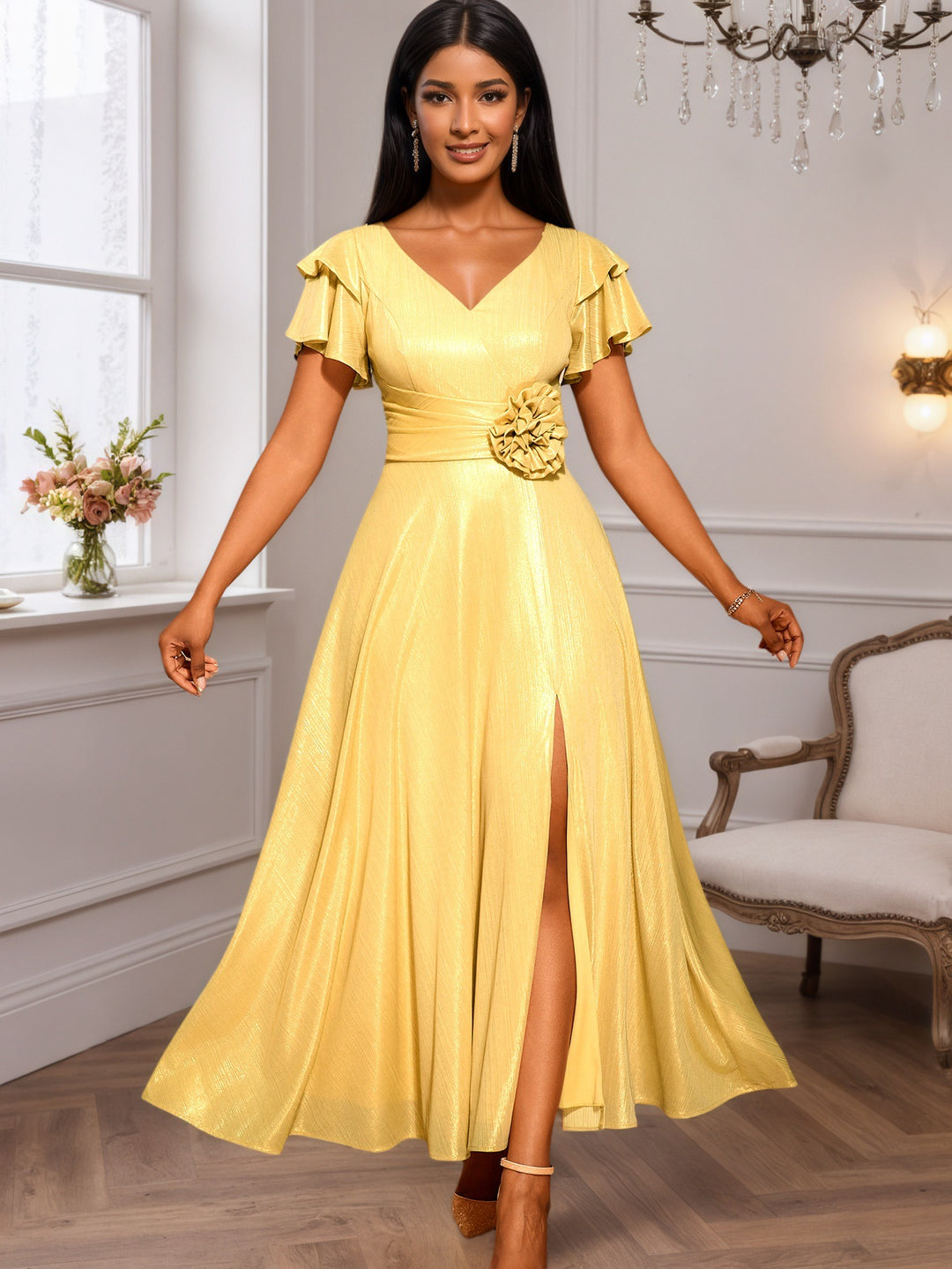 Damen glamouröses Abendkleid mit elegantem V-Ausschnitt und voluminösen Rüschensäumen Echo Archiv
