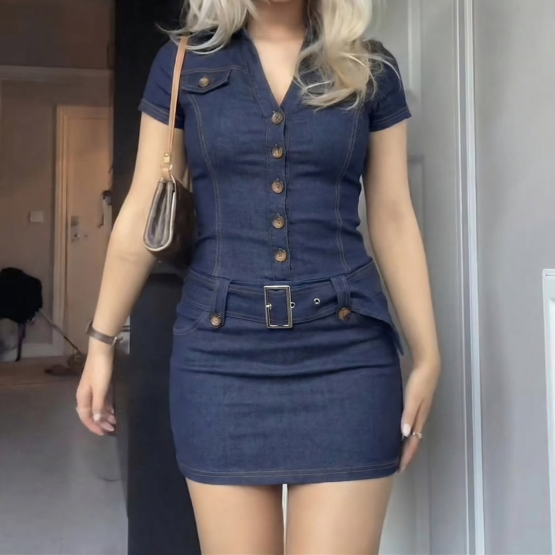 Damen Jeanshemdkleid mit Gürtel und knöpfbarem Ausschnitt Echo Archiv