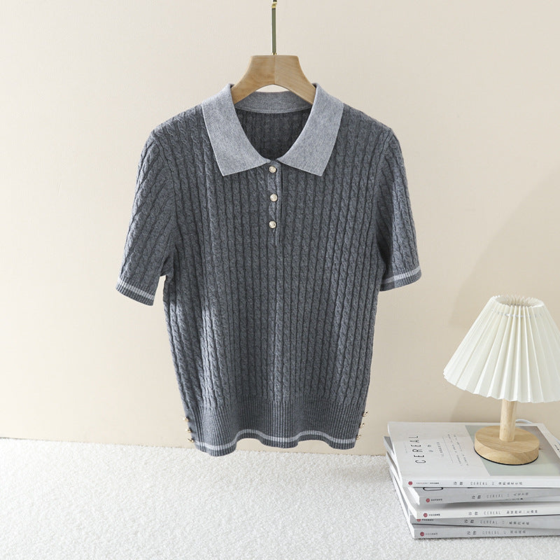 Damen Kurzarm Strickpoloshirt mit Zopfmuster und Kontrastkragen Echo Archiv