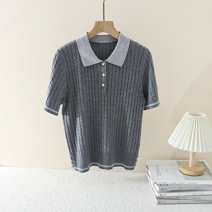 Damen Kurzarm Strickpoloshirt mit Zopfmuster und Kontrastkragen Echo Archiv
