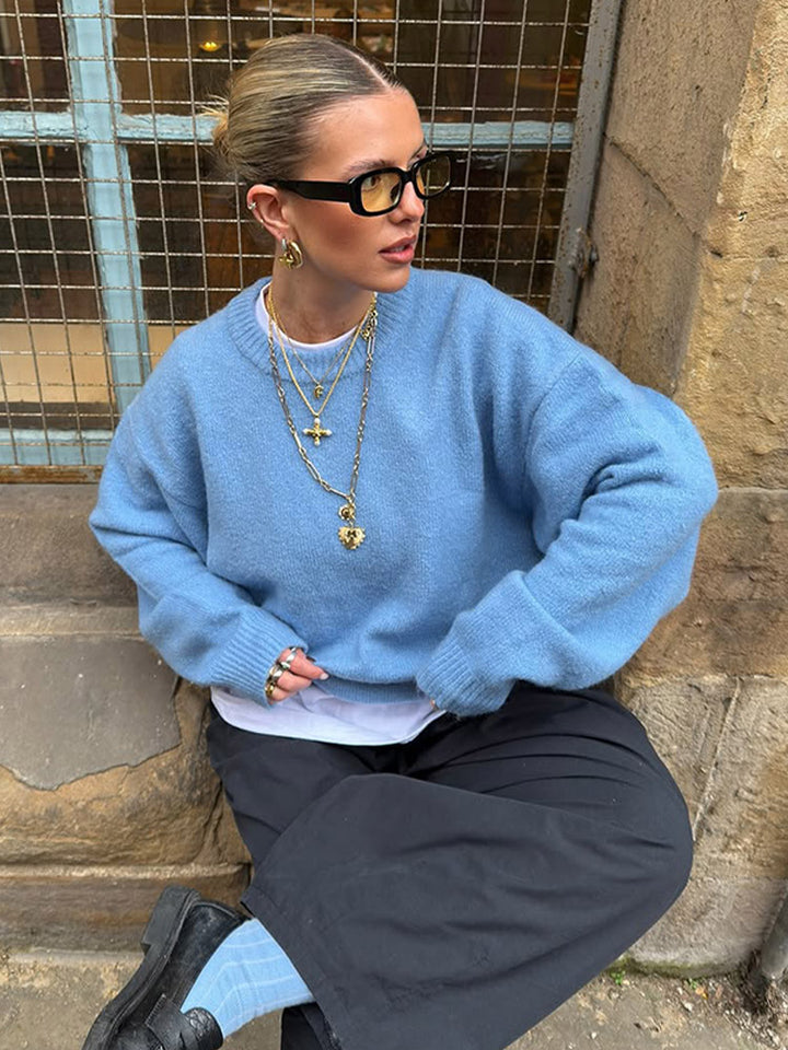 Damen Flauschiger Boxy Strickpullover aus Alpaka-Mix mit weitem Rundhalsausschnitt Echoarchiv