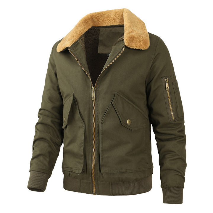 Herren Canvas-Bomberjacke im Arbeitsjacken-Stil mit wärmendem Lammfleecekragen und Mehrfachtaschen – Brevano