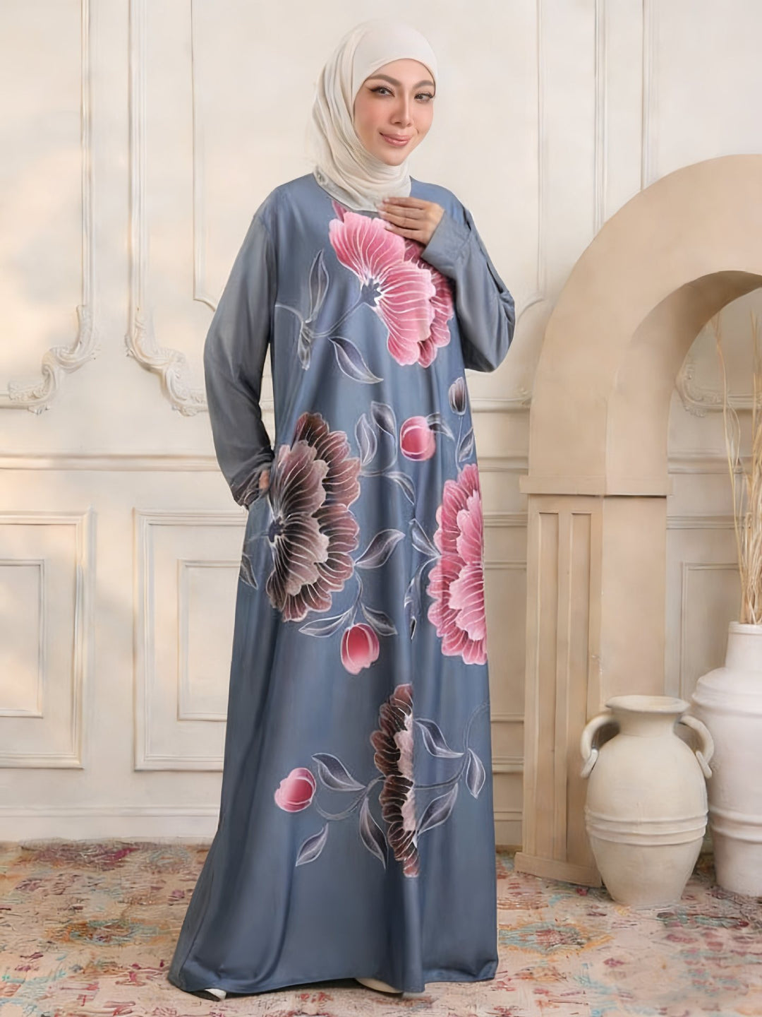 Damen Maxikleid im Kaftan-Stil mit handbemaltem Blumenprint Echoarchiv