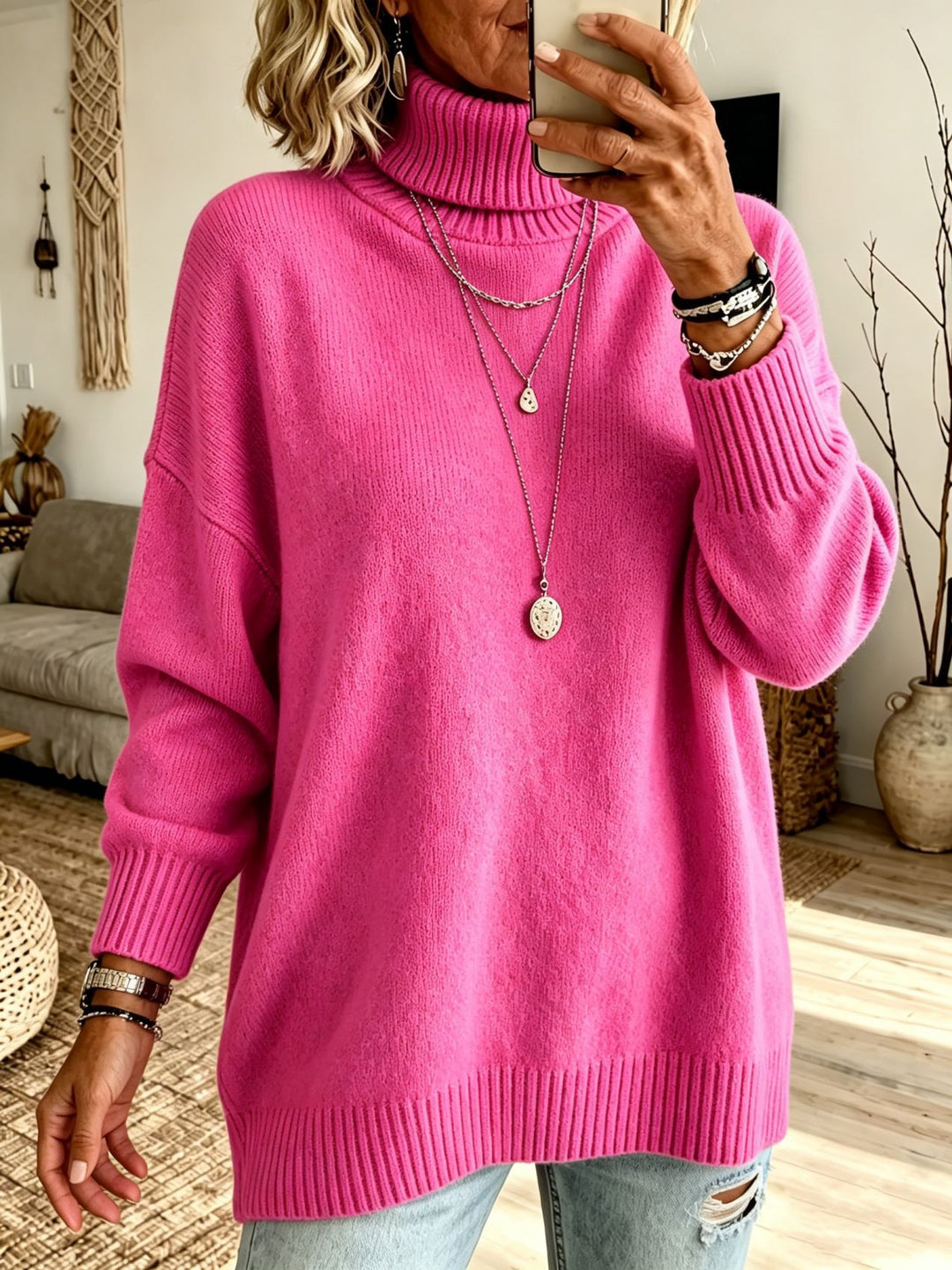 Damen Oversize Rollkragenpullover aus Feinstrick mit gerippten Bündchen und überschnittener Schulter – Mavelle
