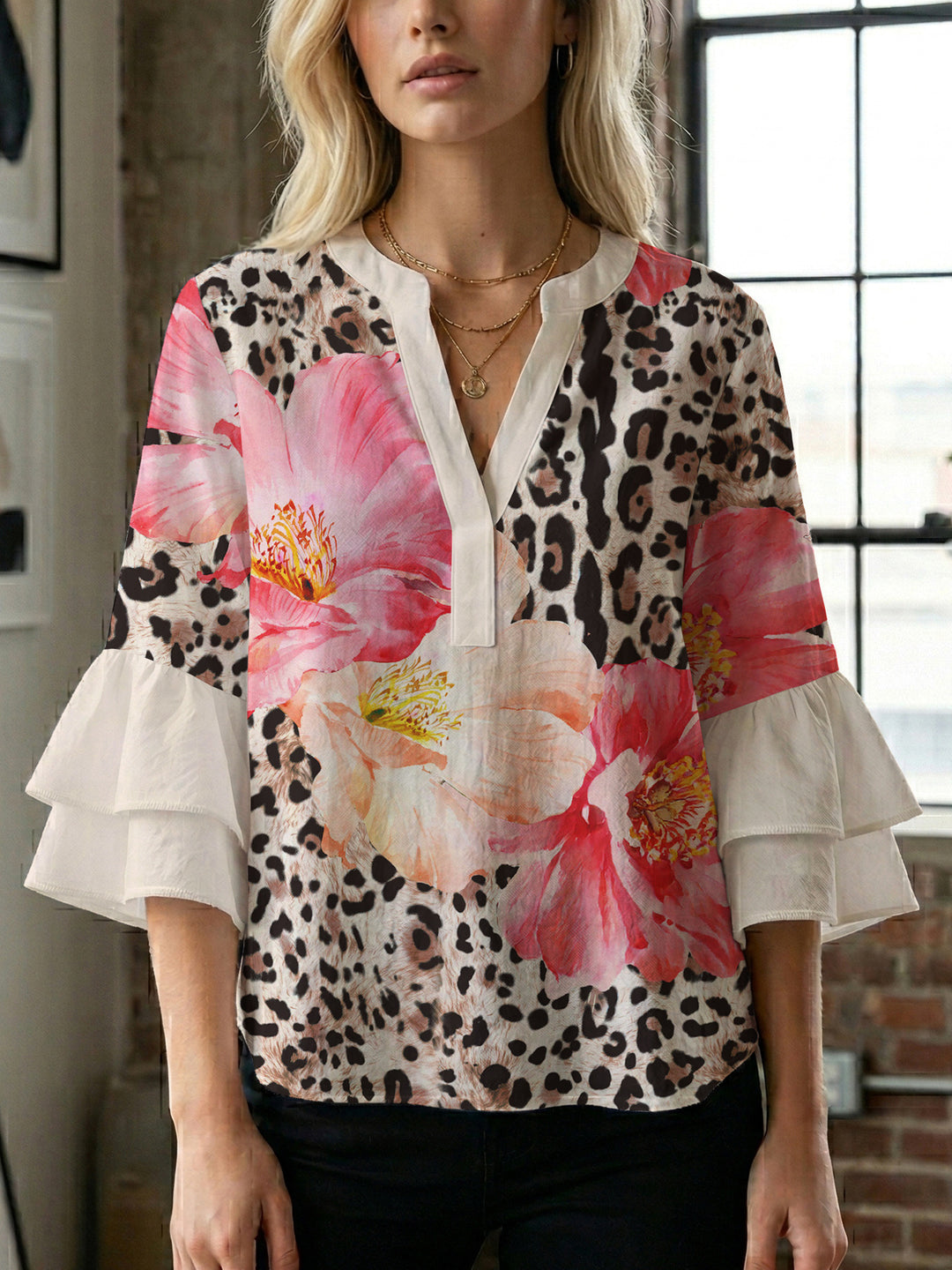 Damen lässige Bluse mit Volantärmeln und botanischem Druck Echo Archiv