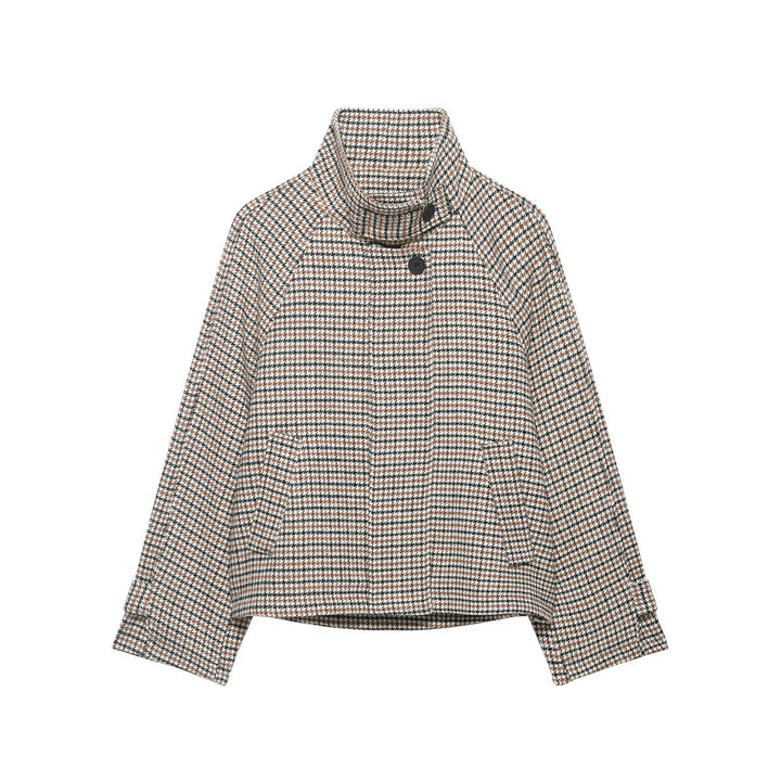 Damen Kurzgeschnittene Bouclé-Jacke mit hohem Stehkragen und Raglanärmeln Echo Archiv