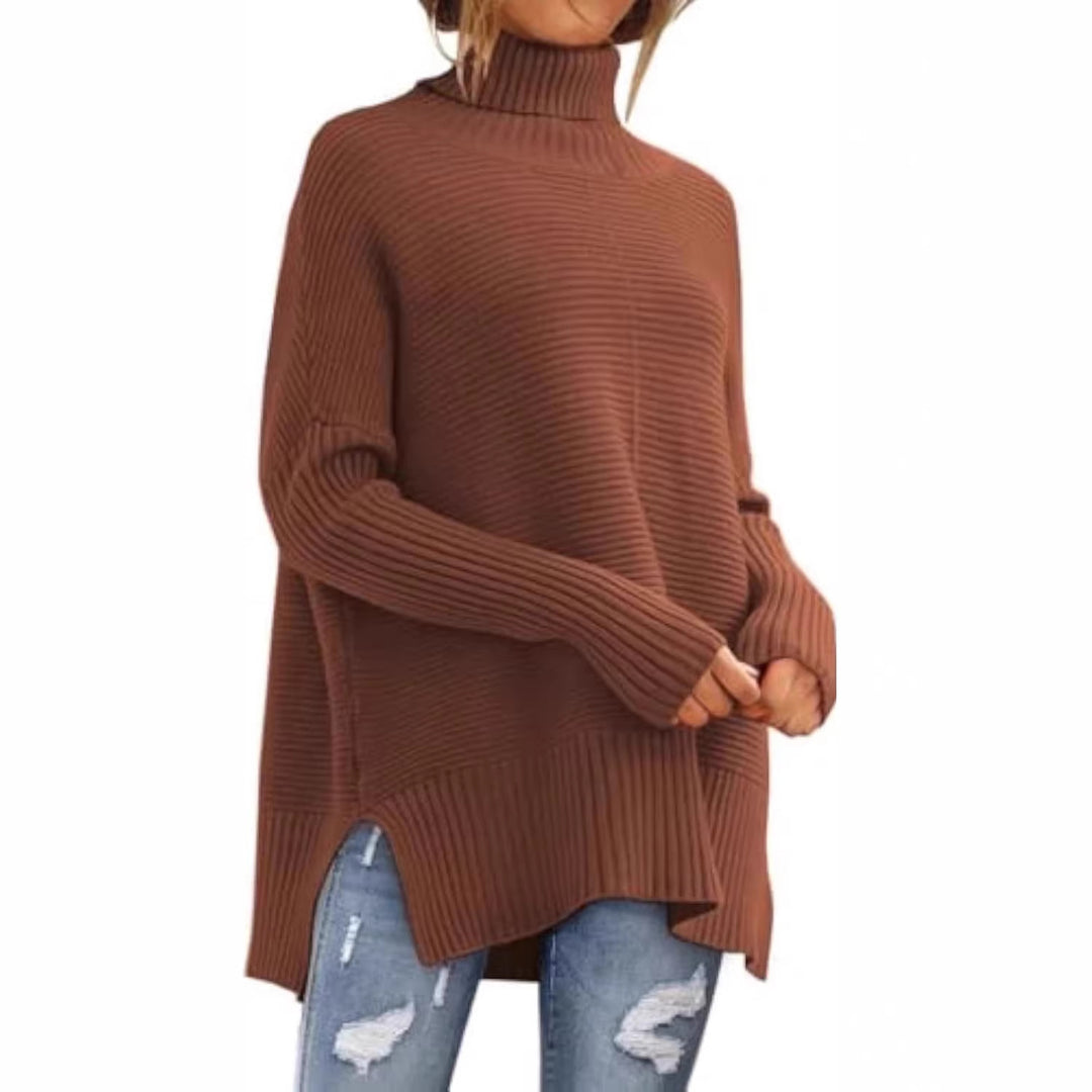 Damen Oversize-Rippenstrick Rollkragenpullover mit Seitenschlitzen und verlängertem Saum – Mavelle