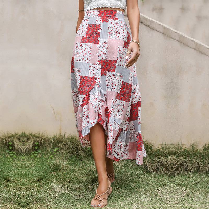 Damen Patchwork-Midirock mit Knopfleiste und asymmetrischem Volant – Rosévia