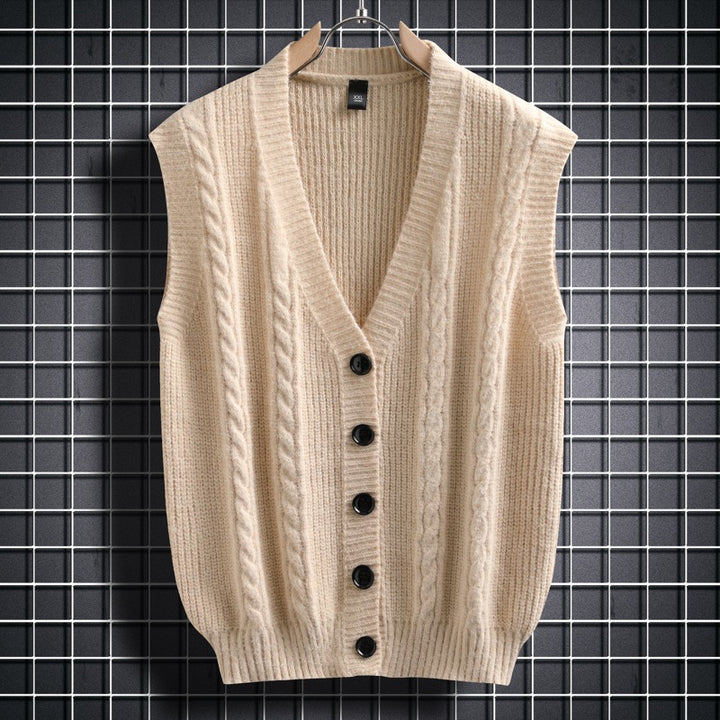 Herren ärmellose Strickjacke mit Zopfmuster und Knopfdetails Echoarchiv