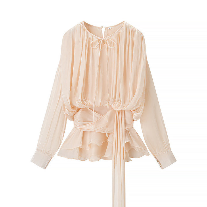 Damen Chiffon-Bluse mit drapierter Korsagen-Optik, Volant‑Peplum und Bindegürtel Echo Archiv