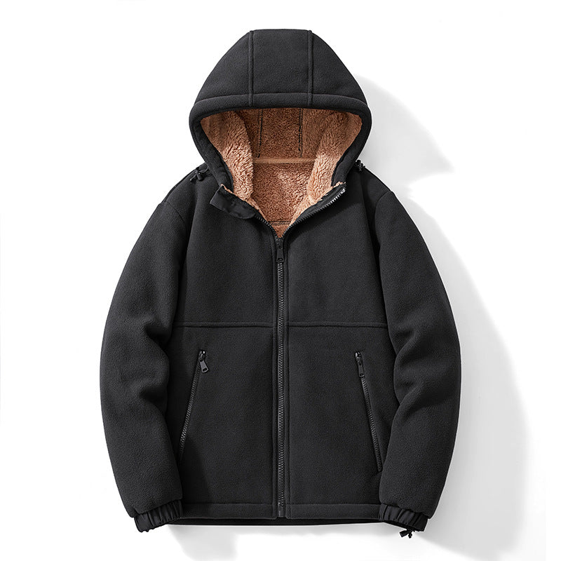 Herren Kapuzen-Fleecejacke mit Teddy-Innenfutter, durchgehendem Reißverschluss und winddichten Bündchen Echoarchiv