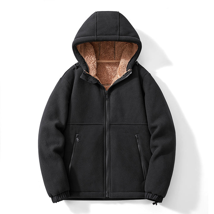 Herren Kapuzen-Fleecejacke mit Teddy-Innenfutter, durchgehendem Reißverschluss und winddichten Bündchen Echoarchiv