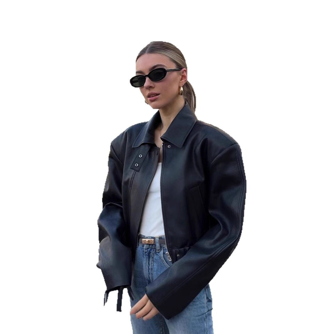 Damen Kurzgeschnittene Oversize-Lederjacke mit Hemdkragen, Cropped‑Silhouette und extraweiten Ärmeln Echoarchiv