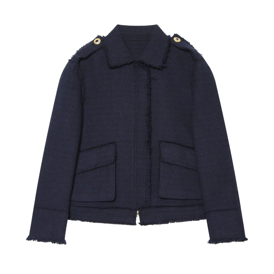 Damen Bouclé‑Tweed Kurzblouson mit Fransen‑Detail, Pattentaschen und Schulterpatten Echo Archiv