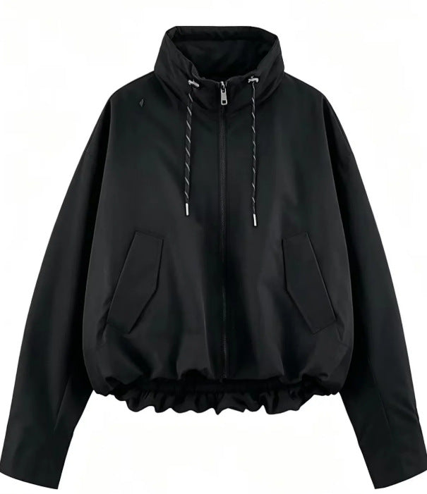 Damen Oversize Cropped Kapuzenjacke mit durchgehendem Reißverschluss, Kordelzug und gerafftem Saum Echo Archiv