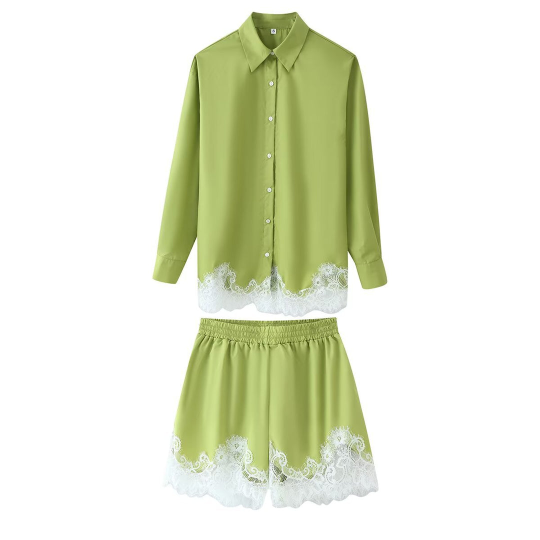 Damen Zweiteiliges Satin-Schlafanzug-Set mit Spitzenbesatz und Hemdjacke Echo Archiv