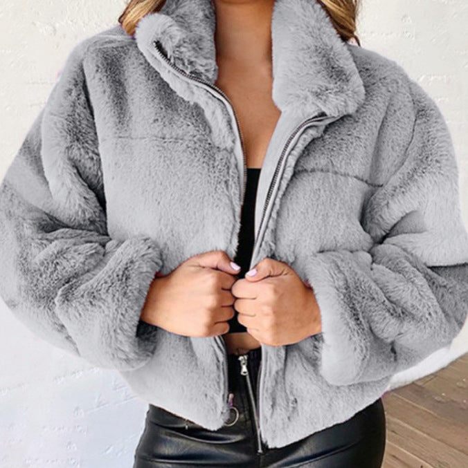 Damen nan kurze kuschelige Kunstpelzjacke mit Stehkragen und Reißverschluss Echo Archiv