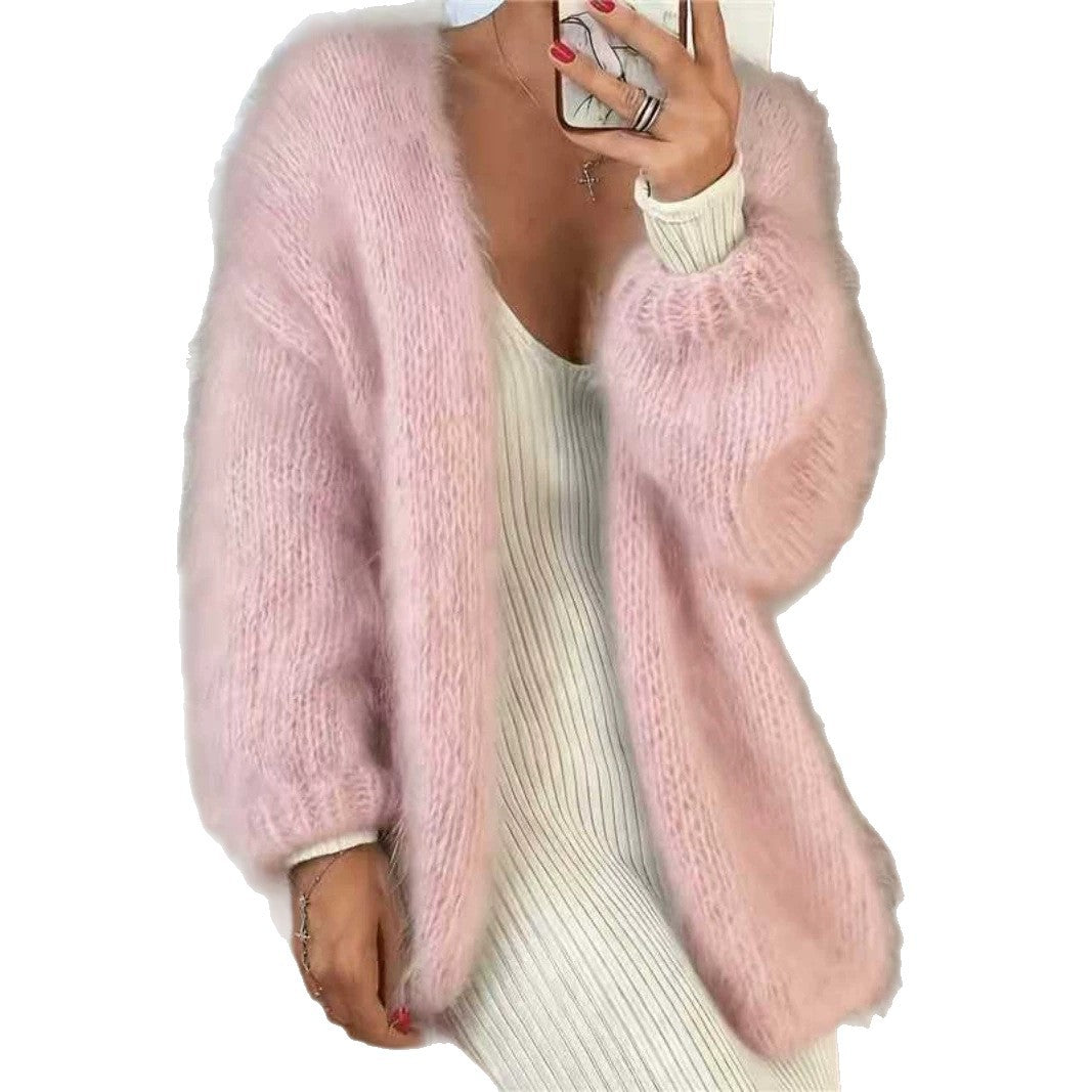 Damen Flauschiger Oversize Mohair-Optik Cardigan mit offenem Schnitt und Ballonärmeln – Veloura