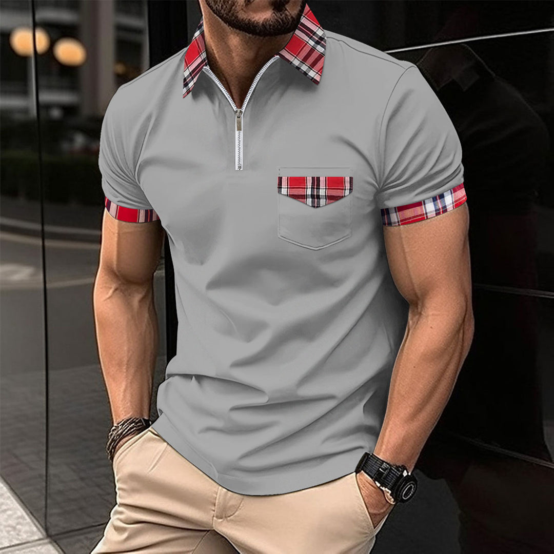 Herren Modernes Halb-Zip Polohemd mit kariertem Detail Echoarchiv