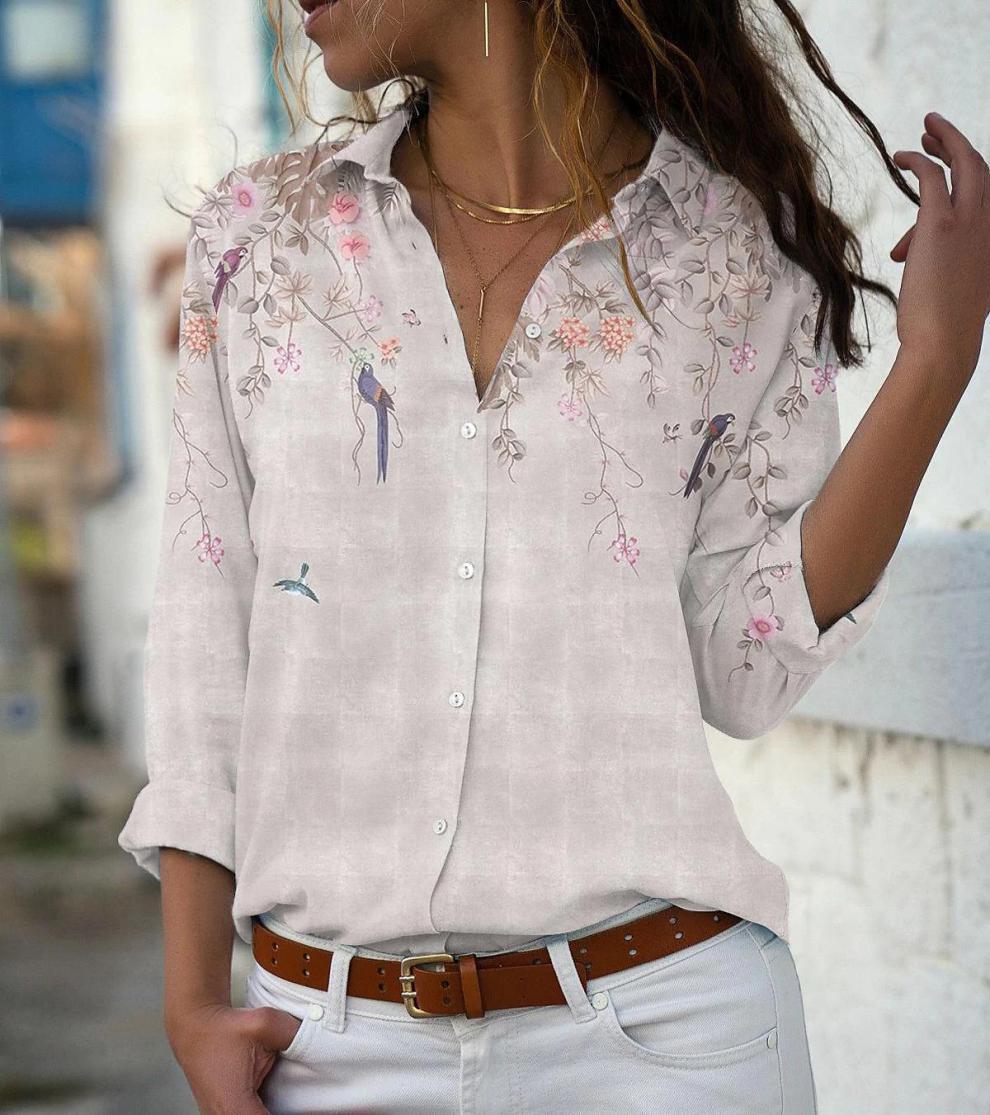 Damen nan leichte Chiffonbluse mit floralem Vogelprint, Knopfleiste und lässigem Schnitt Echo Archiv