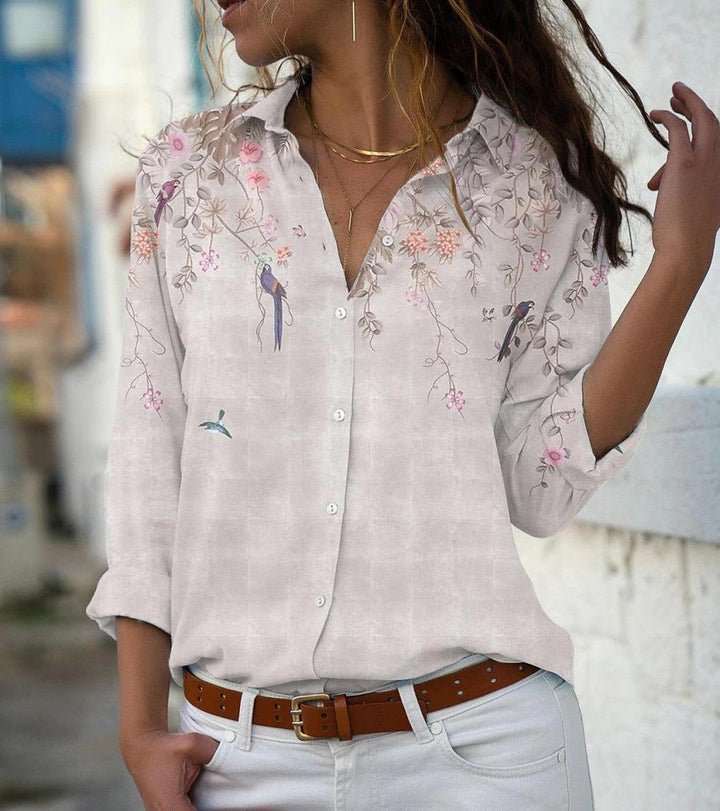 Damen nan leichte Chiffonbluse mit floralem Vogelprint, Knopfleiste und lässigem Schnitt Echo Archiv