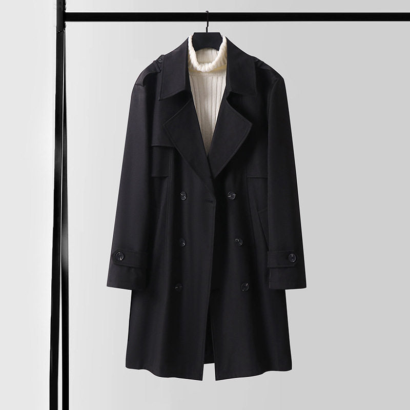 Damen Doppelreihiger Kurztrenchcoat aus leichtem Wollmix mit soften Fall und Schulterklappen Echoarchiv