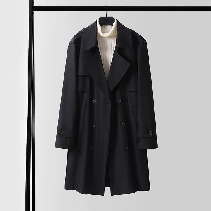 Damen Doppelreihiger Kurztrenchcoat aus leichtem Wollmix mit soften Fall und Schulterklappen Echoarchiv