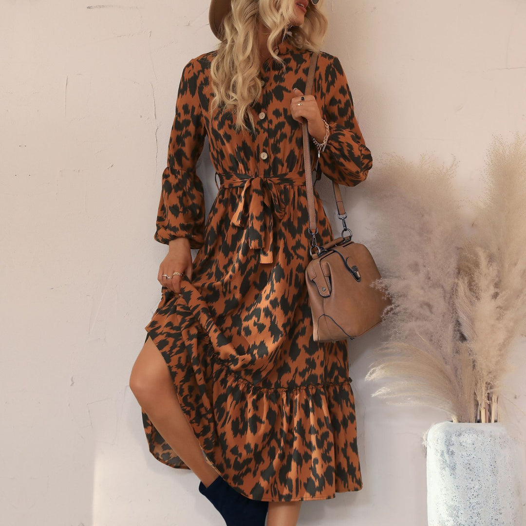 Damen Midikleid mit Animal-Print, Knopfleiste, Taillengürtel und Stufenrock Echoarchiv